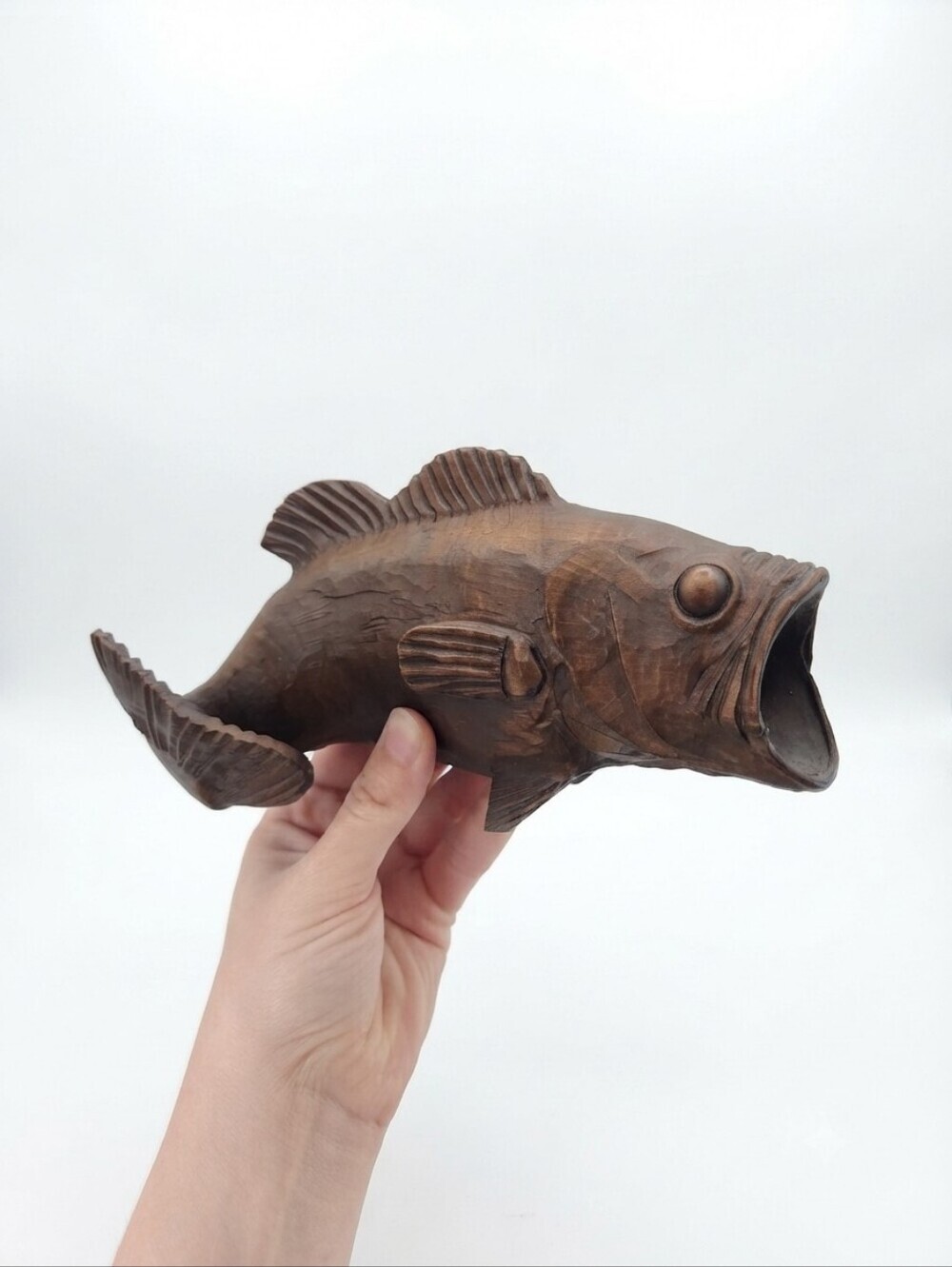 Vintage Faux Wood Carved Bass Fish Figurine Resin Cabin Core Decor